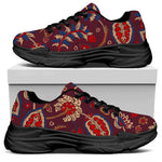 Maroon Vintage Bohemian Floral Print Black Chunky Shoes