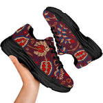 Maroon Vintage Bohemian Floral Print Black Chunky Shoes