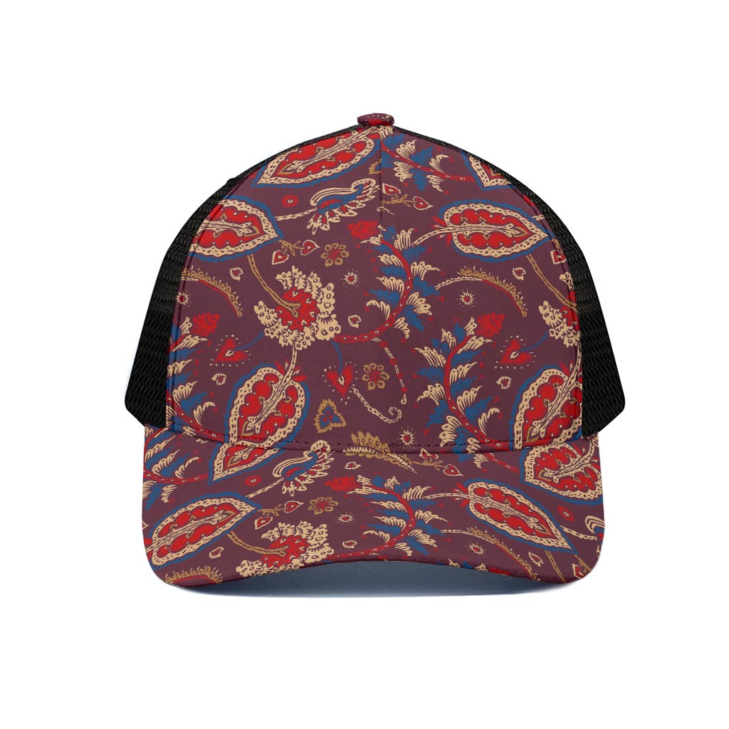 Maroon Vintage Bohemian Floral Print Black Mesh Trucker Cap