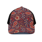 Maroon Vintage Bohemian Floral Print Black Mesh Trucker Cap