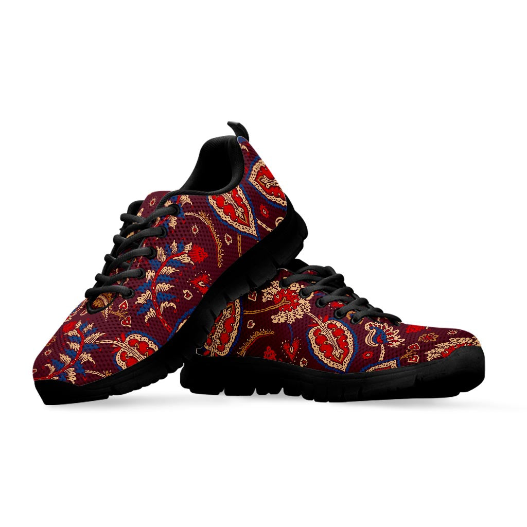 Maroon Vintage Bohemian Floral Print Black Running Shoes
