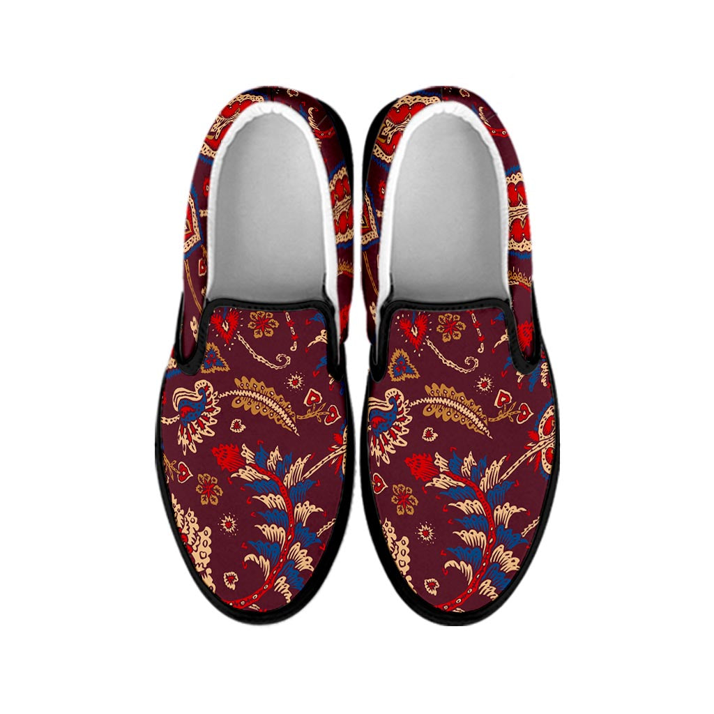 Maroon Vintage Bohemian Floral Print Black Slip On Sneakers
