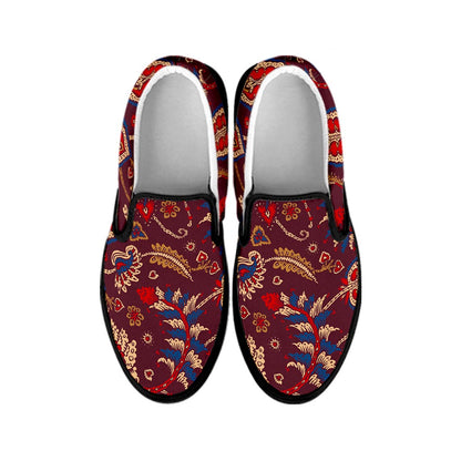 Maroon Vintage Bohemian Floral Print Black Slip On Sneakers