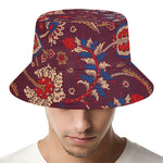 Maroon Vintage Bohemian Floral Print Bucket Hat