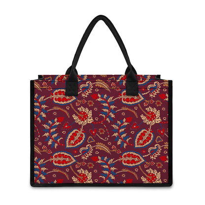 Maroon Vintage Bohemian Floral Print Canvas Tote Bag