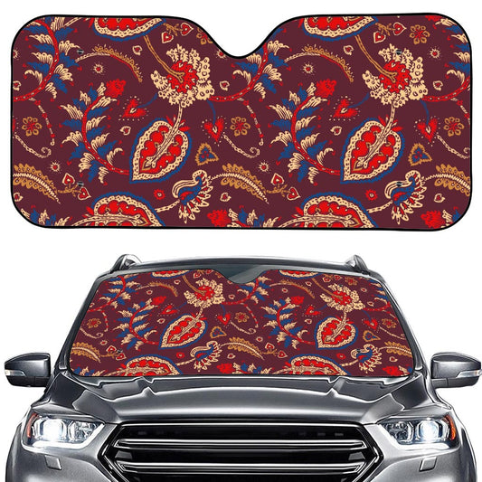 Maroon Vintage Bohemian Floral Print Car Windshield Sun Shade