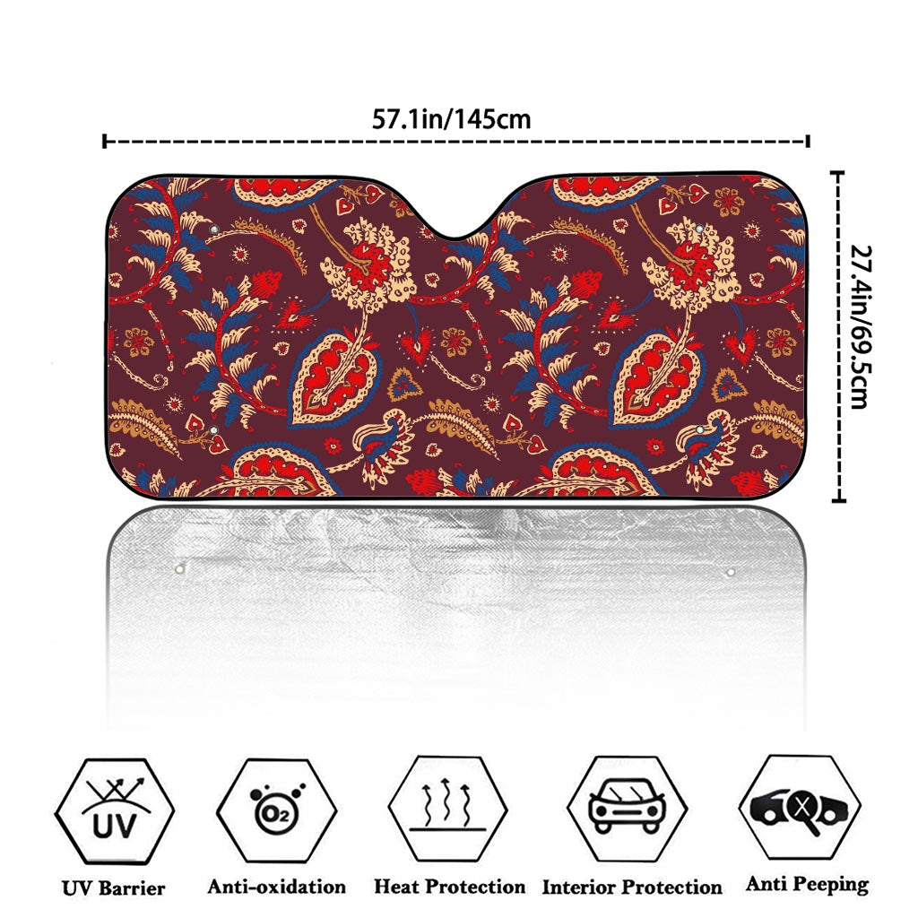 Maroon Vintage Bohemian Floral Print Car Windshield Sun Shade