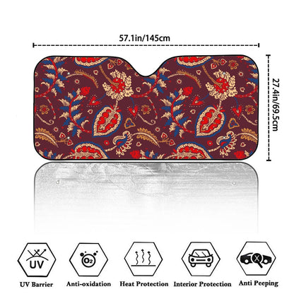 Maroon Vintage Bohemian Floral Print Car Windshield Sun Shade