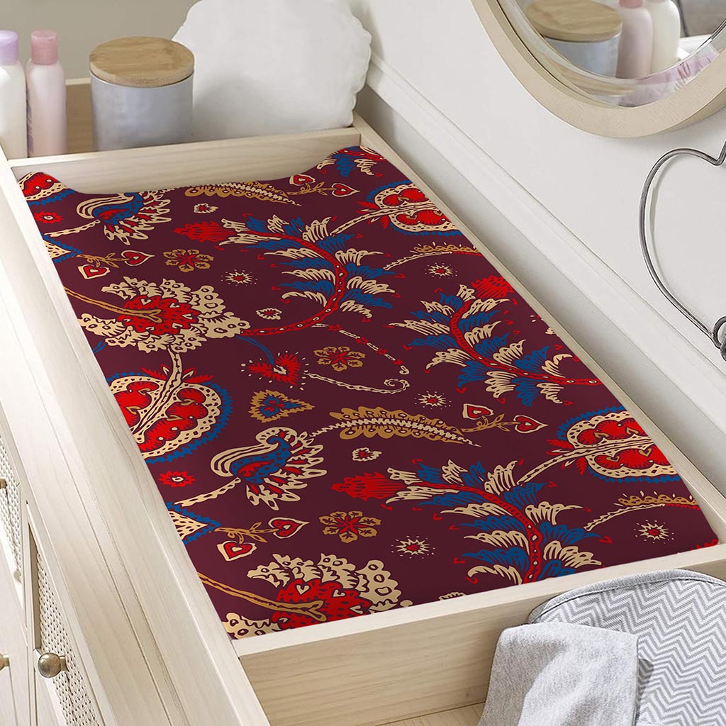 Maroon Vintage Bohemian Floral Print Changing Pad Cover