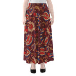 Maroon Vintage Bohemian Floral Print Chiffon Maxi Skirt
