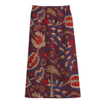 Maroon Vintage Bohemian Floral Print Cotton Front Slit Maxi Skirt