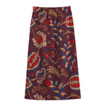Maroon Vintage Bohemian Floral Print Cotton Front Slit Maxi Skirt