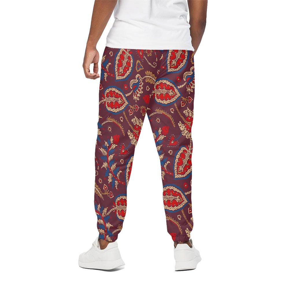 Maroon Vintage Bohemian Floral Print Cotton Pants