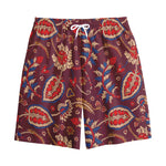 Maroon Vintage Bohemian Floral Print Cotton Shorts