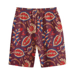 Maroon Vintage Bohemian Floral Print Cotton Shorts