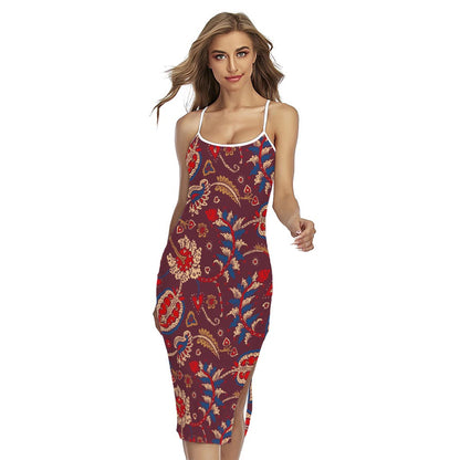 Maroon Vintage Bohemian Floral Print Cross Back Cami Dress