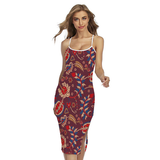 Maroon Vintage Bohemian Floral Print Cross Back Cami Dress