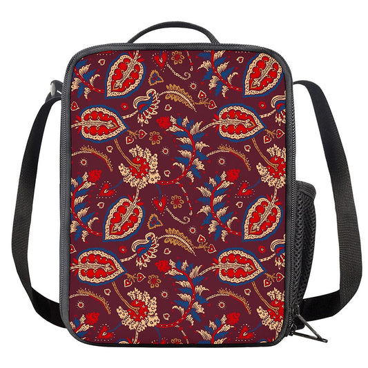 Maroon Vintage Bohemian Floral Print Crossbody Lunch Bag
