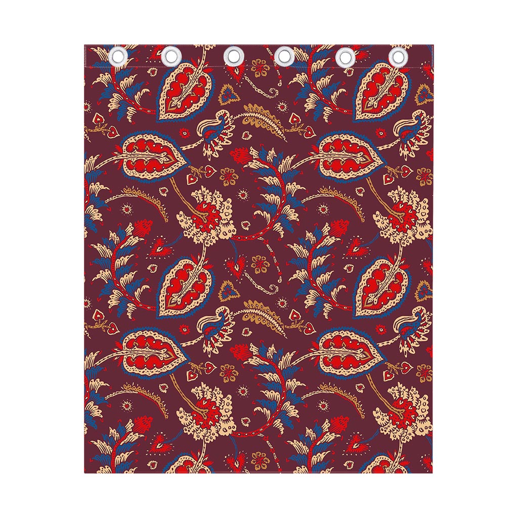 Maroon Vintage Bohemian Floral Print Curtain