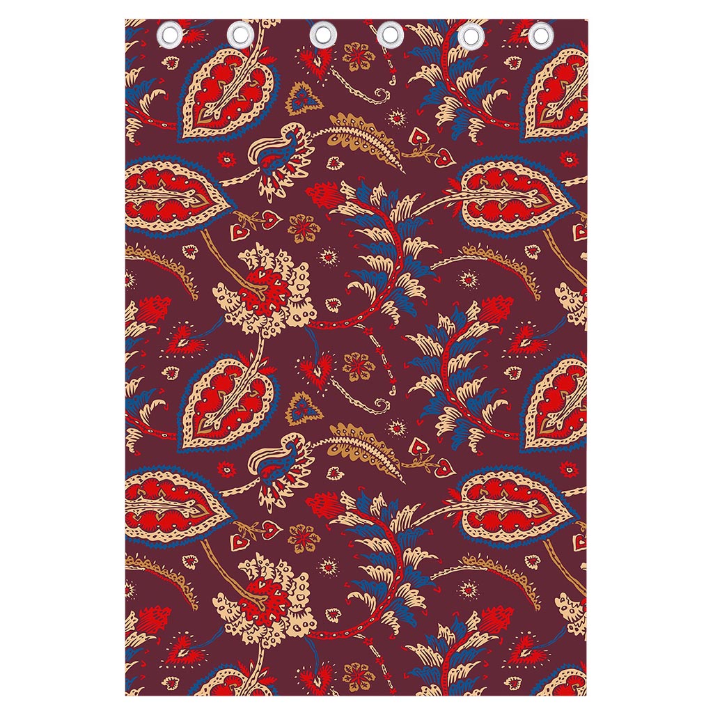 Maroon Vintage Bohemian Floral Print Curtain