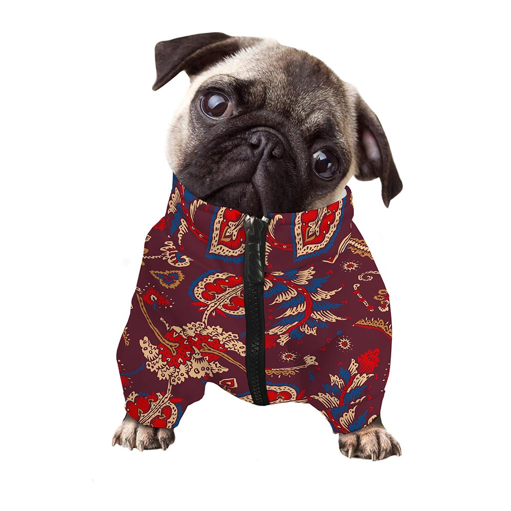 Maroon Vintage Bohemian Floral Print Dog Zip Up Jacket