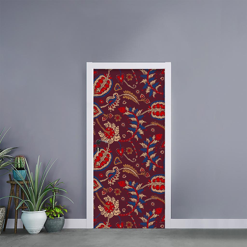 Maroon Vintage Bohemian Floral Print Door Sticker