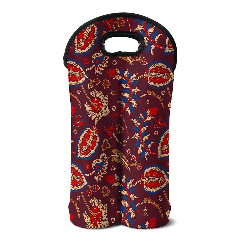 Maroon Vintage Bohemian Floral Print Double Neoprene Wine Tote