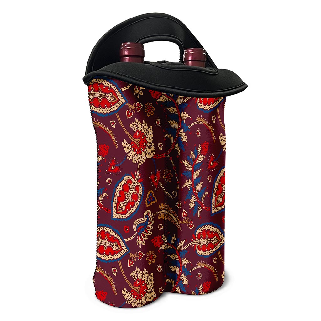 Maroon Vintage Bohemian Floral Print Double Neoprene Wine Tote