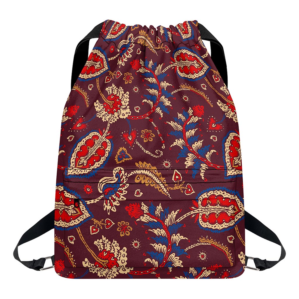 Maroon Vintage Bohemian Floral Print Drawstring Backpack