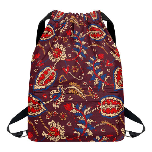 Maroon Vintage Bohemian Floral Print Drawstring Backpack