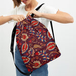 Maroon Vintage Bohemian Floral Print Drawstring Backpack