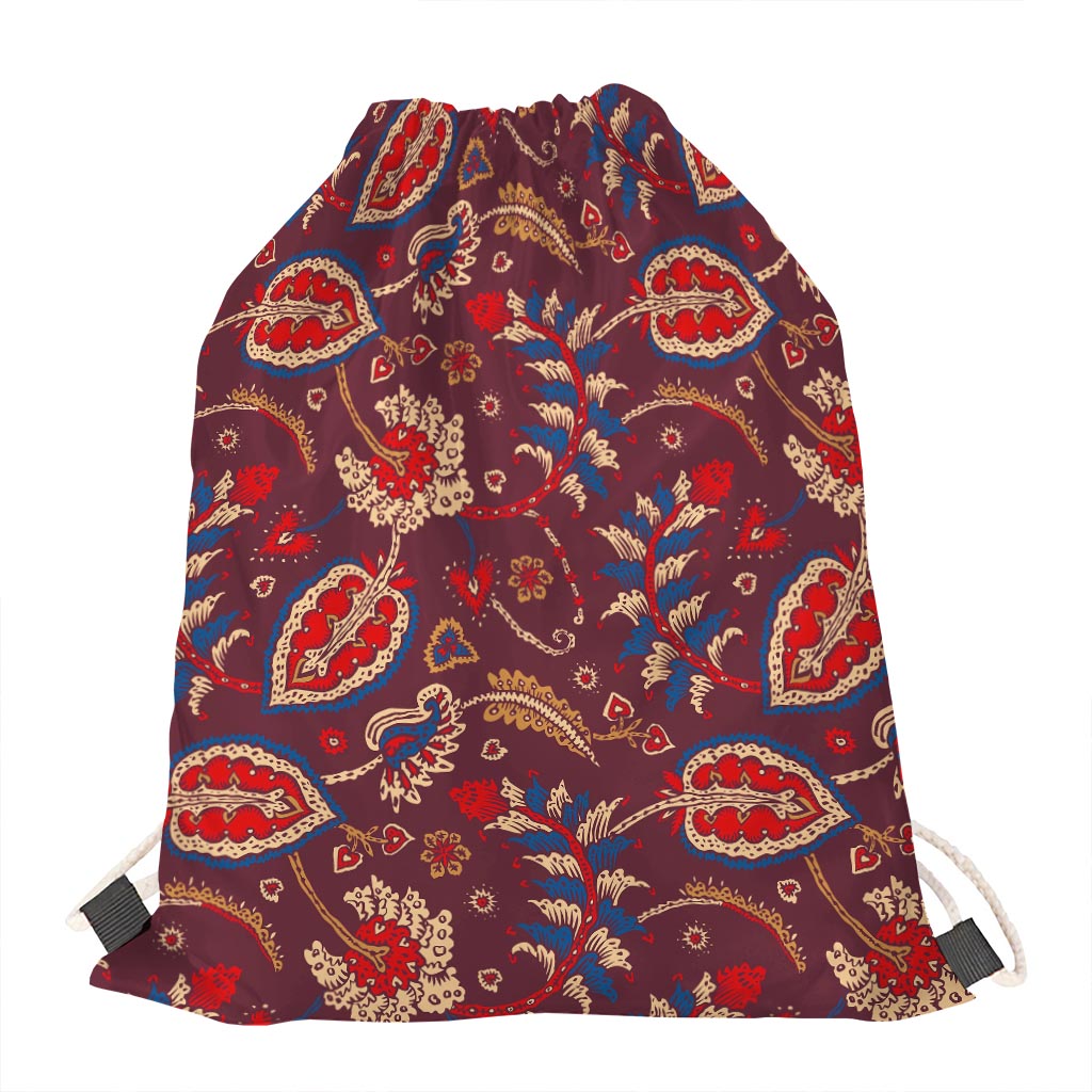 Maroon Vintage Bohemian Floral Print Drawstring Bag