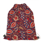 Maroon Vintage Bohemian Floral Print Drawstring Bag