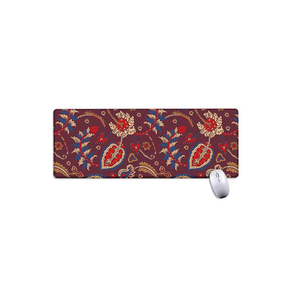 Maroon Vintage Bohemian Floral Print Extended Mouse Pad