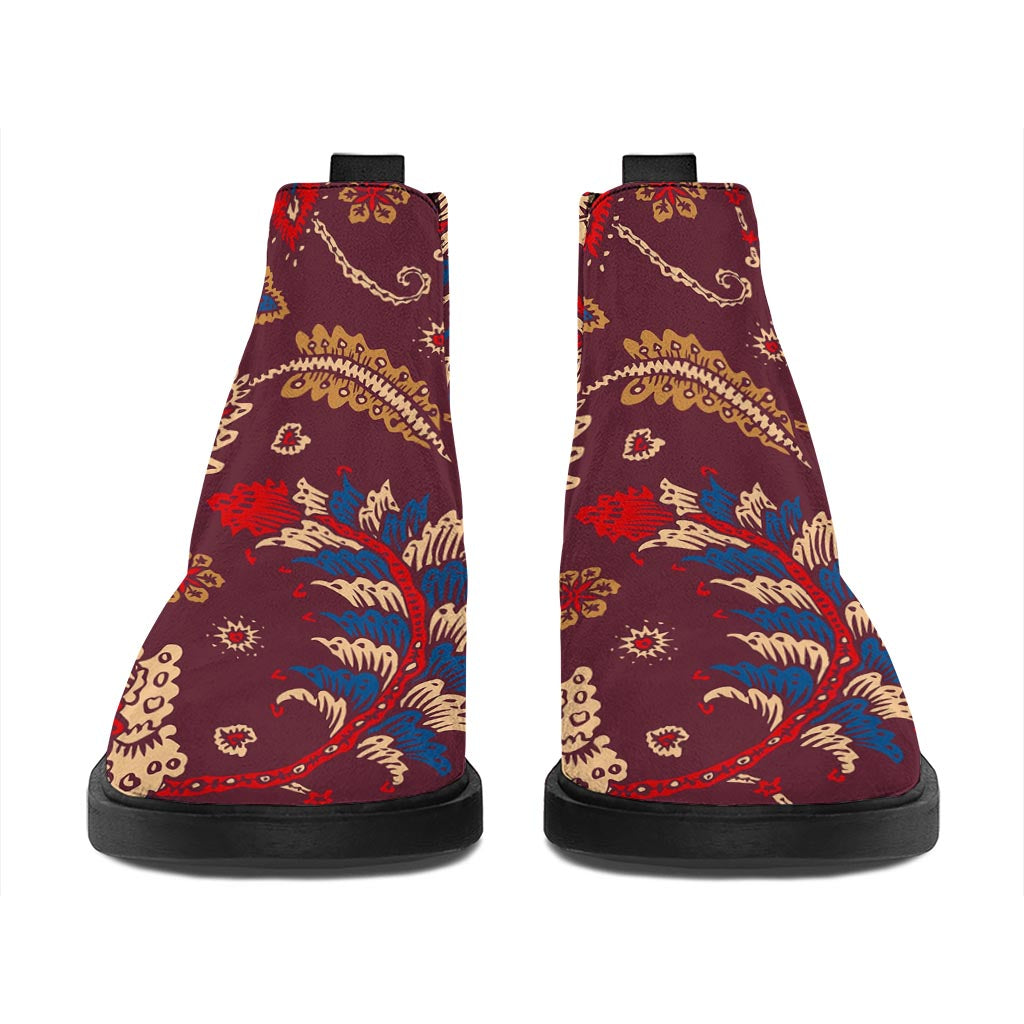 Maroon Vintage Bohemian Floral Print Flat Ankle Boots