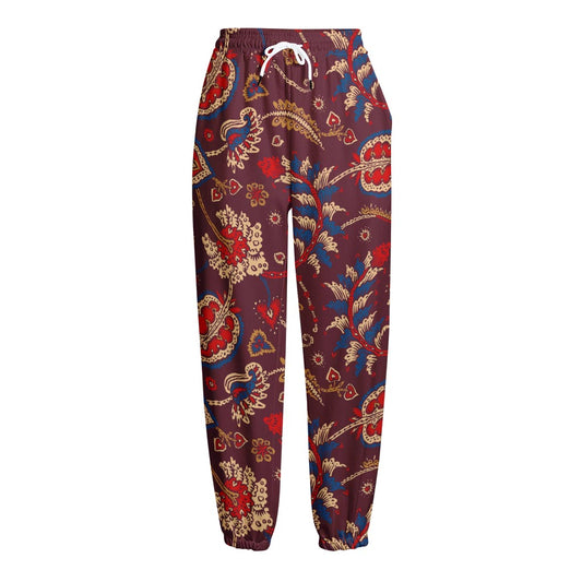 Maroon Vintage Bohemian Floral Print Fleece Lined Knit Pants