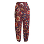 Maroon Vintage Bohemian Floral Print Fleece Lined Knit Pants