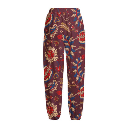 Maroon Vintage Bohemian Floral Print Fleece Lined Knit Pants