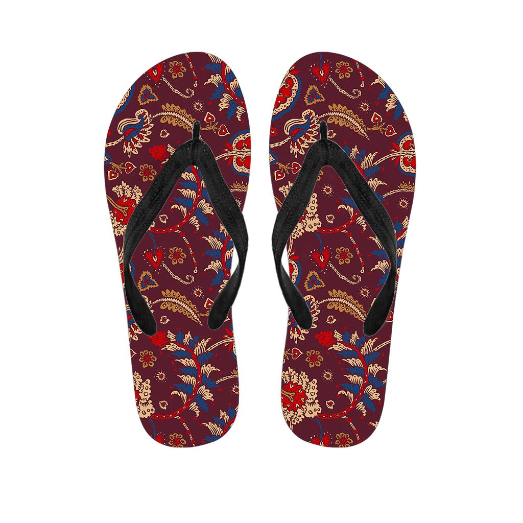 Maroon Vintage Bohemian Floral Print Flip Flops