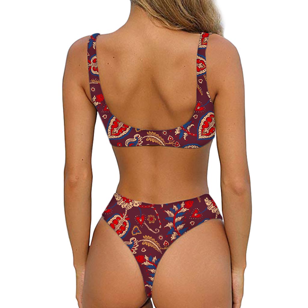Maroon Vintage Bohemian Floral Print Front Bow Tie Bikini