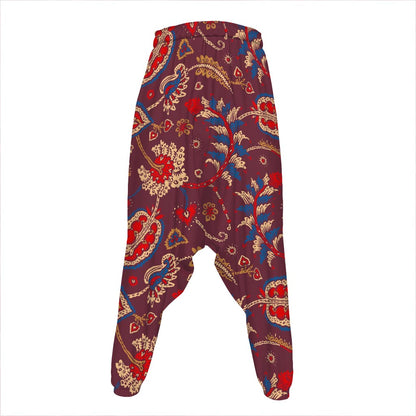 Maroon Vintage Bohemian Floral Print Hammer Pants