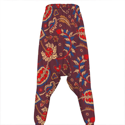 Maroon Vintage Bohemian Floral Print Hammer Pants