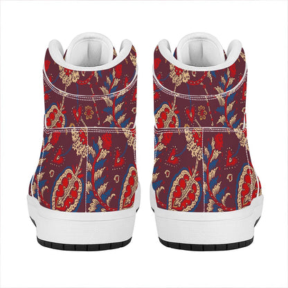Maroon Vintage Bohemian Floral Print High Top Leather Sneakers