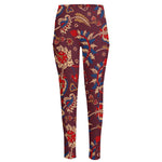 Maroon Vintage Bohemian Floral Print High-Waisted Pocket Leggings