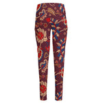 Maroon Vintage Bohemian Floral Print High-Waisted Pocket Leggings