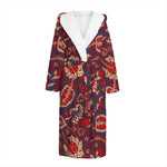 Maroon Vintage Bohemian Floral Print Hooded Bathrobe