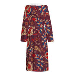 Maroon Vintage Bohemian Floral Print Hooded Bathrobe