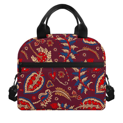 Maroon Vintage Bohemian Floral Print Insulated Lunch Bag