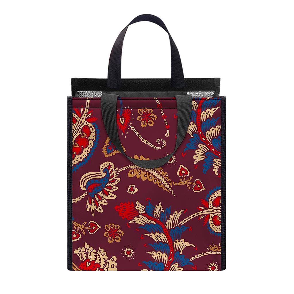 Maroon Vintage Bohemian Floral Print Insulated Lunch Tote