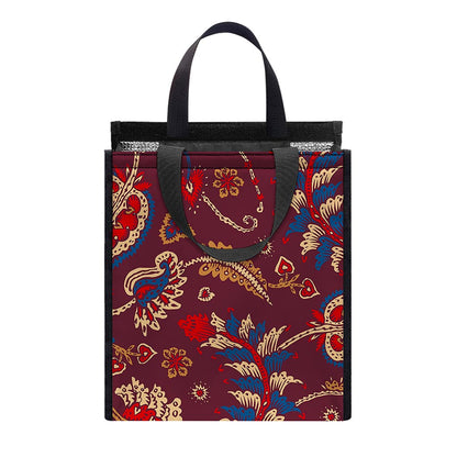 Maroon Vintage Bohemian Floral Print Insulated Lunch Tote